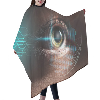 Personality  Close Up View Of Human Eye With Data Illustration, Robotic Concept Hair Cutting Cape