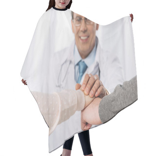 Personality  Cropped Image Of Doctor And Two Patients Holding Hands Hair Cutting Cape