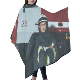 Personality  Portrait Of Fireman In Protective Uniform And Helmet With Arms Crossed At Fire Department Hair Cutting Cape