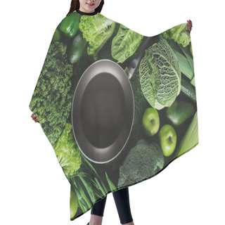 Personality  Top View Of Frying Pan On Grass Between Green Vegetables, Healthy Eating Concept Hair Cutting Cape