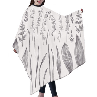 Personality  Set With Flowers Of A Lily Of The Valley. Black And White Hair Cutting Cape