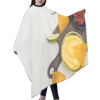 Personality  Top View Of Corn Nachos With Lime, Chili And Cheese Sauce On Wooden Cutting Board On White Background Hair Cutting Cape