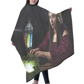 Personality  Female Fortune Teller Using A Computer Hair Cutting Cape