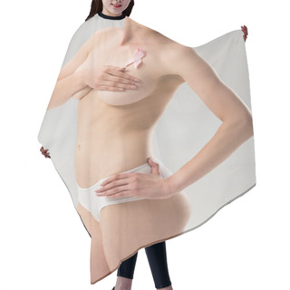 Personality  Partial View Of Topless Young Woman In Panties With Pink Ribbon Covering Breast Isolated On Grey Hair Cutting Cape