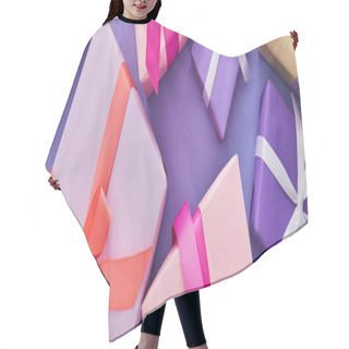 Personality  Top View Of Colorful Presents With Bows On Purple Background, Panoramic Shot Hair Cutting Cape