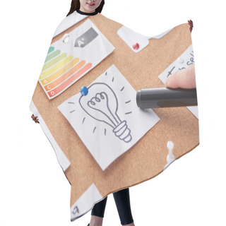 Personality  Cropped View Of Woman Pointing With Black Highlighter On Idea Drawing Pinned On Cork Board Hair Cutting Cape
