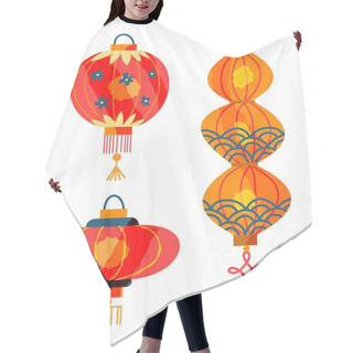 Personality  Chinese New Year Paper Lanterns Set. Traditional Asian Festival Vector Illustration. Lamps Of Different Shape With Patterns And Drawings And Light Inside On White Background Hair Cutting Cape