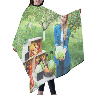 Personality  Attractive Farmer Showing Cabbage At Farmer Market Hair Cutting Cape