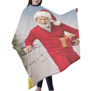 Personality  Cheerful Santa Costume With White Beard Posing With Yellow Suitcase And Present, Christmas Concept Hair Cutting Cape
