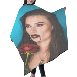 Personality  Creepy Woman With Blood On Face Near Red Rose On Blue Hair Cutting Cape