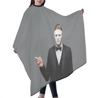 Personality  Elegant Businessman In Face Mask Pointing With Finger Isolated On Grey Hair Cutting Cape