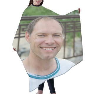 Personality  Smiling Middle Aged Man Hair Cutting Cape
