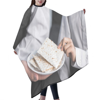 Personality  Cropped View Of Jewish Father Holding Plate And Son Taking Matza In Apartment  Hair Cutting Cape