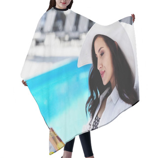 Personality  Happy Woman In Straw Hat Reading Magazine Near Swimming Pool Hair Cutting Cape