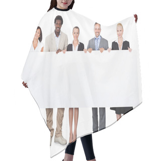 Personality  Multiethnic Business People Holding Large Billboard Hair Cutting Cape