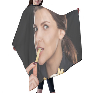 Personality  Attractive While Eating Tasty French Fry Isolated On Black Hair Cutting Cape