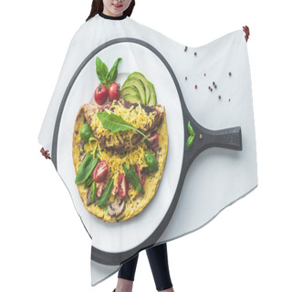 Personality  Food Composition With Healthy Omelette On Wooden Board On White Marble Tabletop Hair Cutting Cape