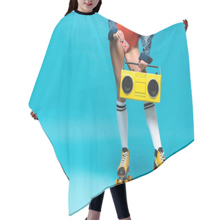 Personality  Cropped View Of Woman In Swimsuit And Roller Skates Holding Boombox And Cassette Tape On Blue Hair Cutting Cape