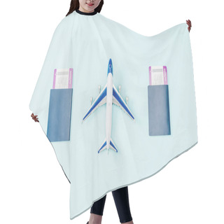 Personality  Top View Of Passports, Air Tickets And Toy Plane On Blue Background  Hair Cutting Cape