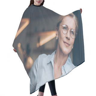 Personality  Pensive Woman In Eyeglasses Hair Cutting Cape