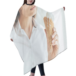 Personality  Cropped View Of Woman Holding Melting Ice Cream In Cone Hair Cutting Cape