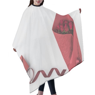 Personality  Flat Lay With Bouquet Of Roses, Ribbon And Envelope Isolated On White, St Valentines Day Holiday Concept Hair Cutting Cape