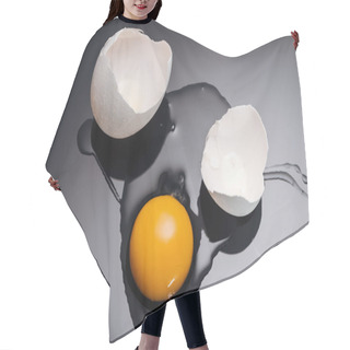 Personality  Close Up Of Fresh Smashed Chicken Egg With Yolk, Protein And Eggshell On Black Background Hair Cutting Cape