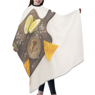 Personality  Top View Of Golden Tequila With Lime, Chili Pepper, Salt And Nachos Near Wooden Cutting Board On White Marble Surface Hair Cutting Cape