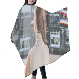 Personality  Panoramic Shot Of Filmmaker Working Near Computer Monitors  Hair Cutting Cape