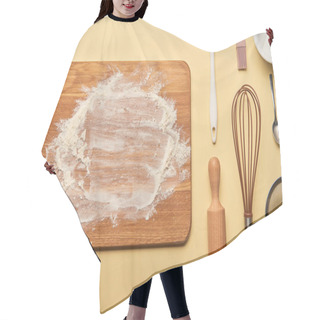 Personality  Top View Of Wooden Chopping Board With Flour And Cooking Utensils On Yellow Background  Hair Cutting Cape