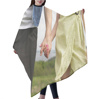 Personality  Cropped View Of Stylish Romantic Couple In Summer Outfits Holding Hands While Standing Text To Each Other With Blurred Rural Landscape At Background, Love Story And Countryside Adventure Hair Cutting Cape