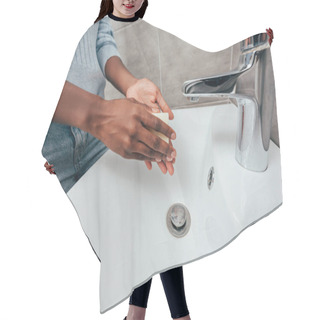 Personality  Partial View Of African American Woman Holding Soap Near Sink In Bathroom Hair Cutting Cape