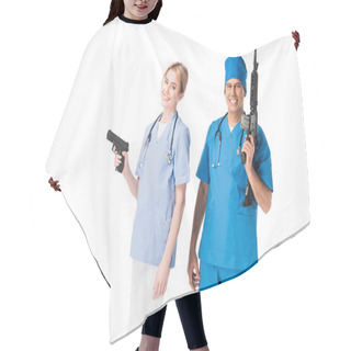 Personality  Medical Crew Nurse And Doctor In Uniform With Guns Isolated On White Hair Cutting Cape