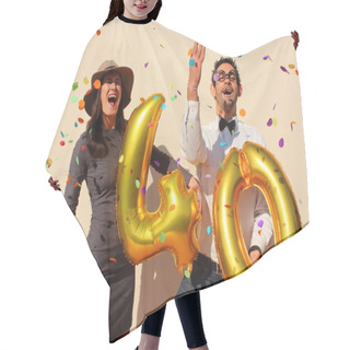 Personality  Cheerful Couple Celebrates A Forty Years Birthday With Big Golden Balloons And Colorful Little Pieces Of Paper In The Air. Hair Cutting Cape