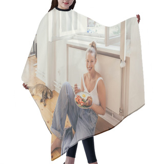 Personality  Positive Young Woman Holding Plate With Delicious Breakfast Near Scottish Fold Cat At Home  Hair Cutting Cape
