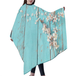 Personality  Image Of Spring White Cherry Blossoms Tree On Blue Wooden Table. Vintage Filtered Image Hair Cutting Cape