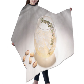 Personality  Transparent Glass With Herb, Ice Cube And Whiskey On White Table With Shadow Near Cloth And Pistachios Hair Cutting Cape
