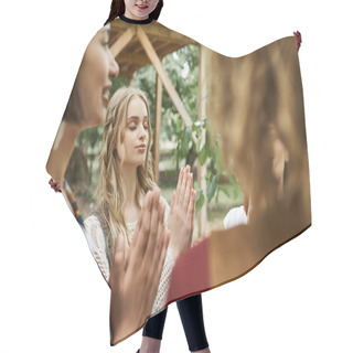 Personality  Young Stylish Woman In Boho Outfit Praying Near Smiling Friends Outdoors In Retreat Center Hair Cutting Cape