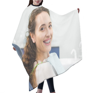 Personality  Happy Woman In Braces Smiling During Examination In Dental Clinic Hair Cutting Cape