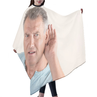 Personality  Mature Man With Hearing Problem On White Background Hair Cutting Cape