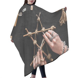 Personality  Top View Of Witch Touching Pentagram Near Runes, Book, Crystals, Skull And Voodoo Doll On Black  Hair Cutting Cape