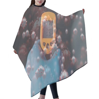 Personality  Digital Illustration Of Macro Covid-19 Cells Floating Over A Person Wearing Protective Gloves, Holding An Electronical Thermometer . Coronavirus Covid-19 Pandemic Concept Digital Composite Hair Cutting Cape