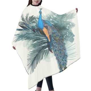 Personality  Illustration With Vector Realistic Peacock Bird On Palm Jungle Background Hair Cutting Cape