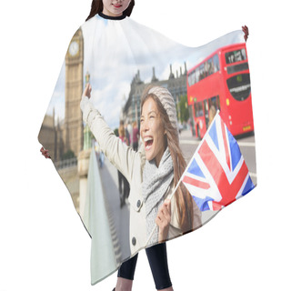 Personality  London - Happy Tourist Holding UK Flag By Big Ben Hair Cutting Cape