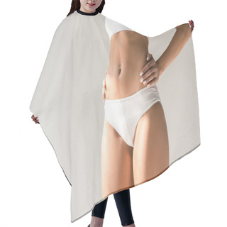 Personality  Cropped View Of Slim Woman In Underwear Posing With Hands On Hips Isolated On Grey Hair Cutting Cape