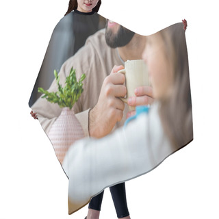Personality  Cropped Image Of Smiling Father Holding Cup Of Coffee In Hands Hair Cutting Cape