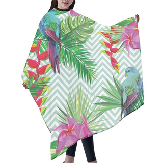 Personality  Beautiful Seamless Tropical Jungle Floral Pattern Background With Palm Leaves, Flowers And Parrots. Abstract Striped Geometric Texture Hair Cutting Cape