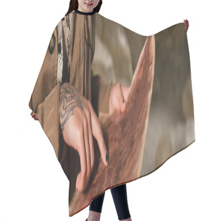 Personality  Partial View Of Tattooed Archaeologist Pointing At Ancient Map In Desert, Banner Hair Cutting Cape