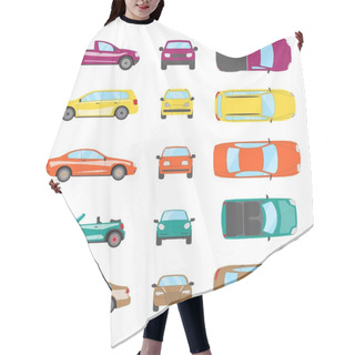 Personality  Different Transportation Car. Sedan Car, Hatchback, Universal Car, Suv, Cabriolet, Mini Car Set. Vehicle Collection In Top, Front, Side View. Auto Concept Cartoon Design. Vector Illustration Hair Cutting Cape