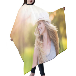 Personality  Woman In White Hat Laughing In Sunny Park Hair Cutting Cape